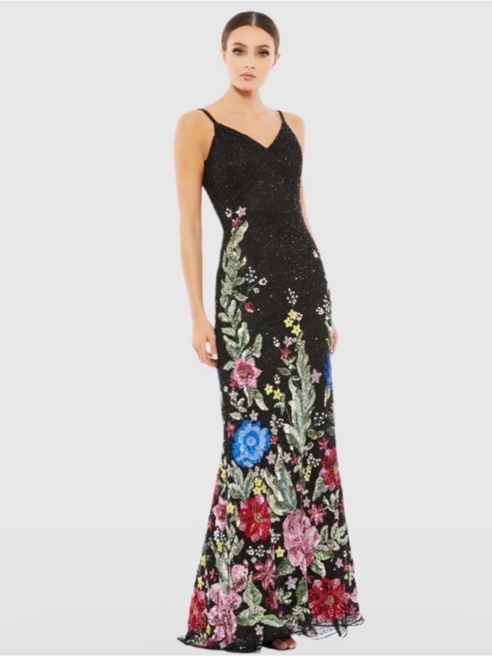 Mac Duggal Black Maxi Dress with Multicolor Floral Embroidery